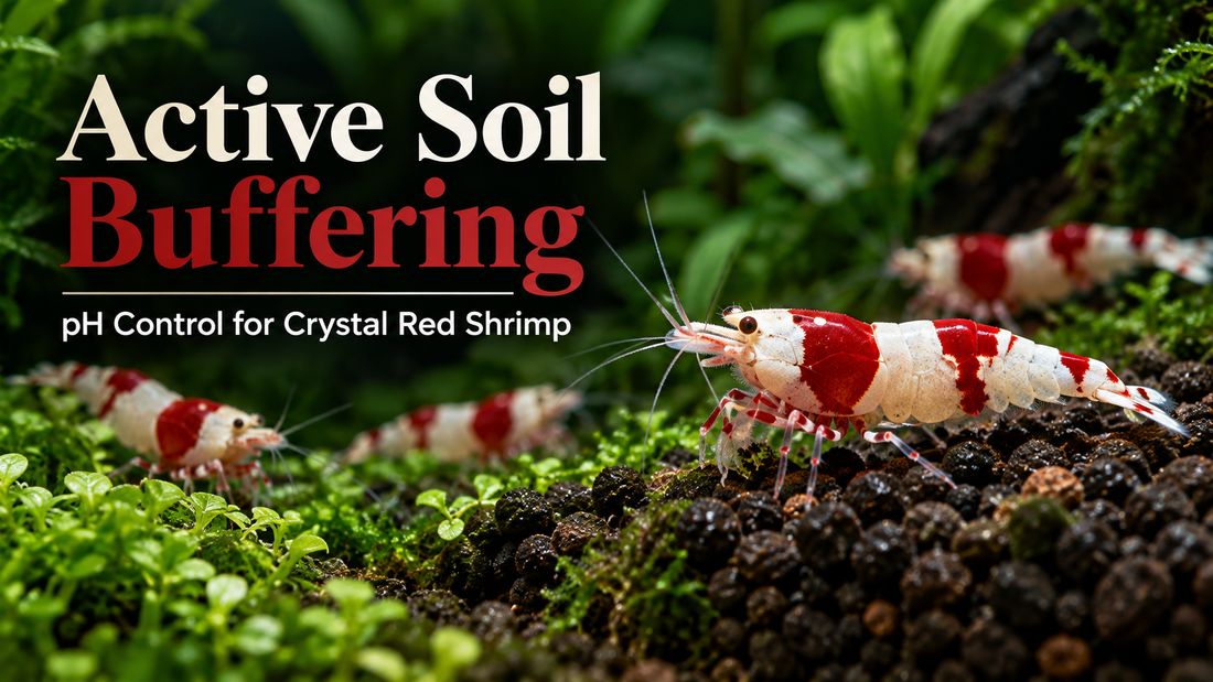 Crystal Red Shrimp on dark active aqua soil illustrating pH buffering for soft-water Caridina tanks