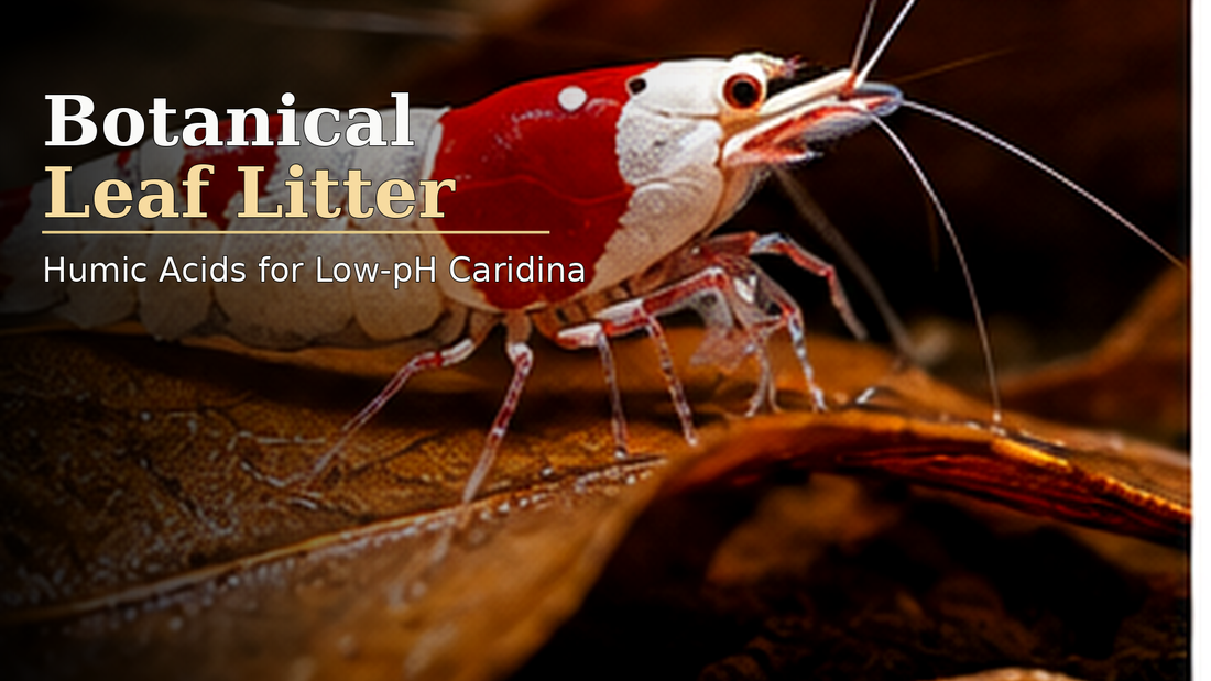 Crystal Red Shrimp among botanical leaf litter in a low-pH Caridina aquarium
