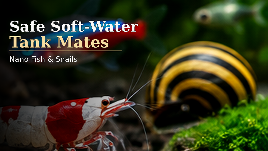 Crystal Red Shrimp with small soft-water nano fish and a peaceful snail in a planted aquarium
