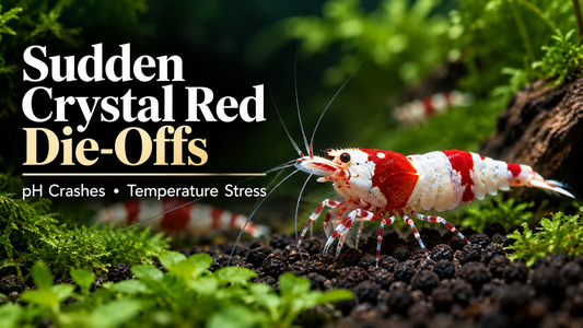 Crystal Red Shrimp in a planted soft-water aquarium illustrating sudden die-offs, pH crashes, and temperature stress