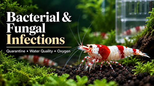 Crystal Red Shrimp in a planted aquarium illustrating bacterial and fungal infections, quarantine, water quality, and oxygen