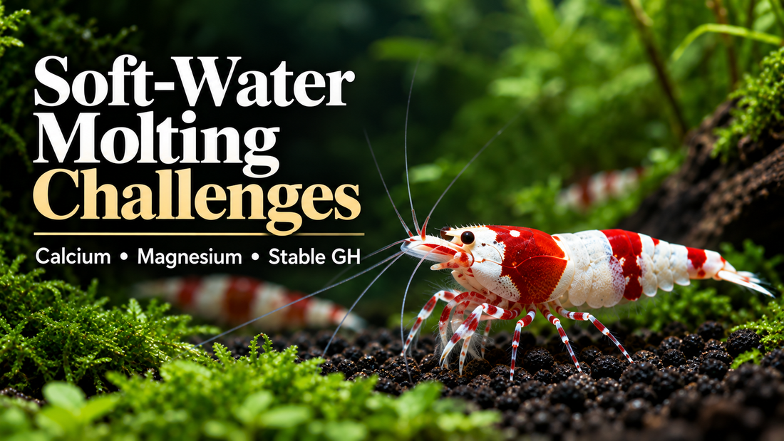 Crystal Red Shrimp on dark active soil illustrating soft-water molting challenges, calcium, magnesium, and stable GH