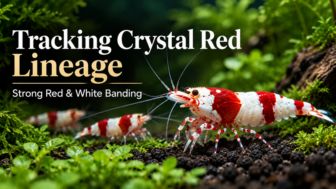 High-grade Crystal Red Shrimp on dark active soil illustrating lineage tracking and strong red and white banding