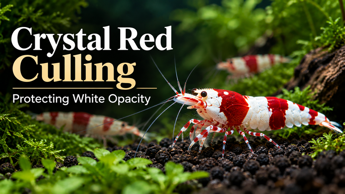 High-grade Crystal Red Shrimp on dark active soil illustrating selective culling for dense white opacity