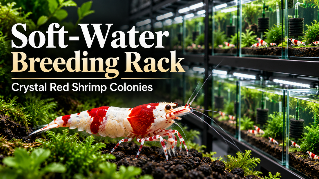 High-grade Crystal Red Shrimp in front of a specialized multi-tank soft-water breeding rack