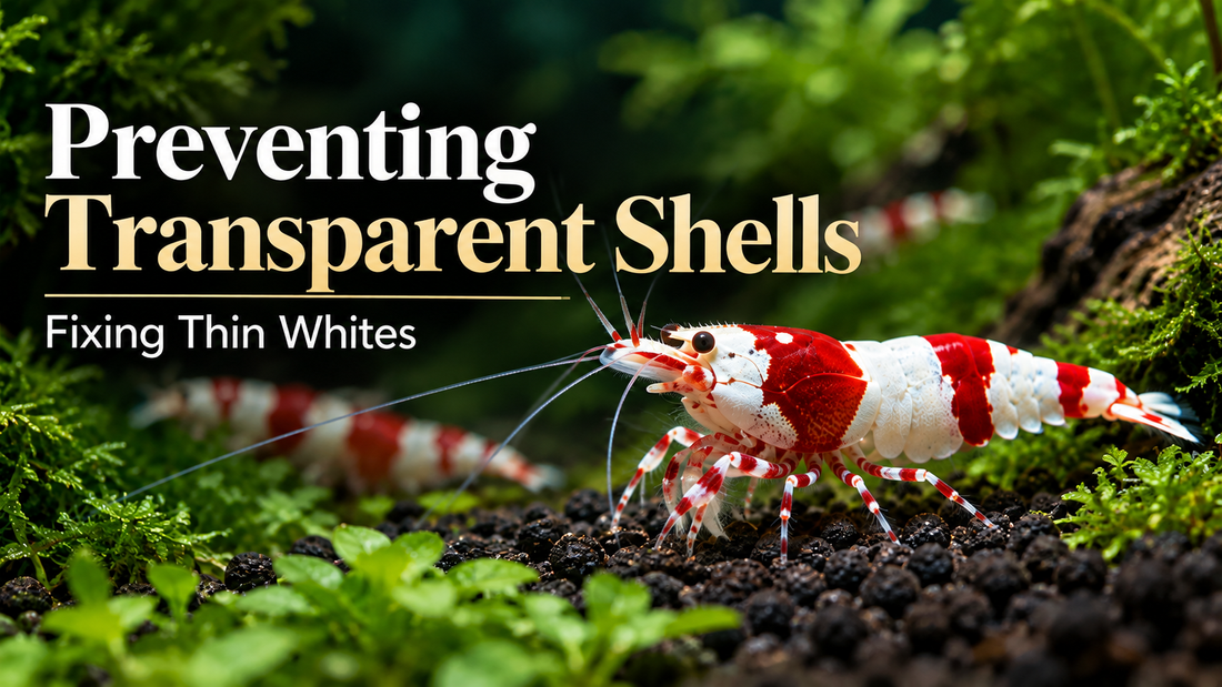 High-grade Crystal Red Shrimp on dark active soil illustrating thin white shell opacity and transparent shell troubleshooting