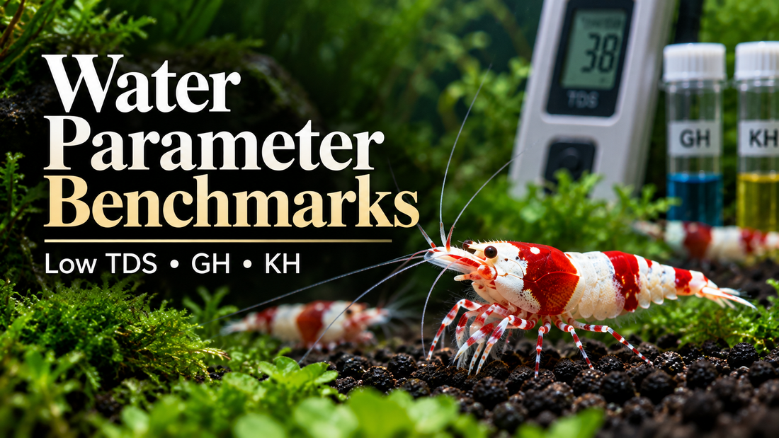 Crystal Red Shrimp beside TDS, GH, and KH testing equipment in a planted aquarium