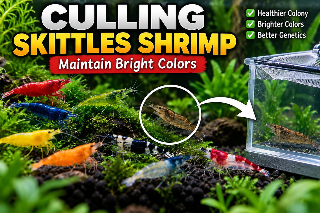 Colorful Skittles shrimp colony with a brown shrimp separated for selective culling