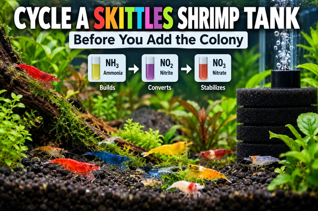 Skittles shrimp nano tank cycling guide showing ammonia nitrite nitrate and sponge filtration