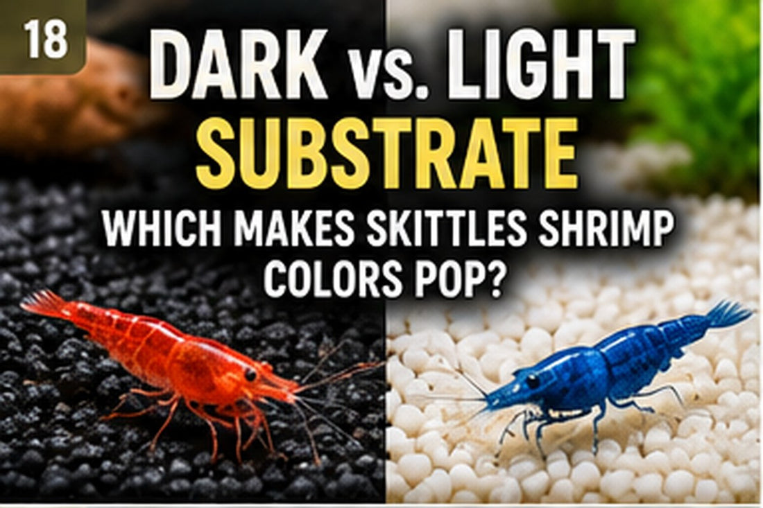 Dark versus light aquarium substrate comparison showing colorful Skittles shrimp on black and white gravel