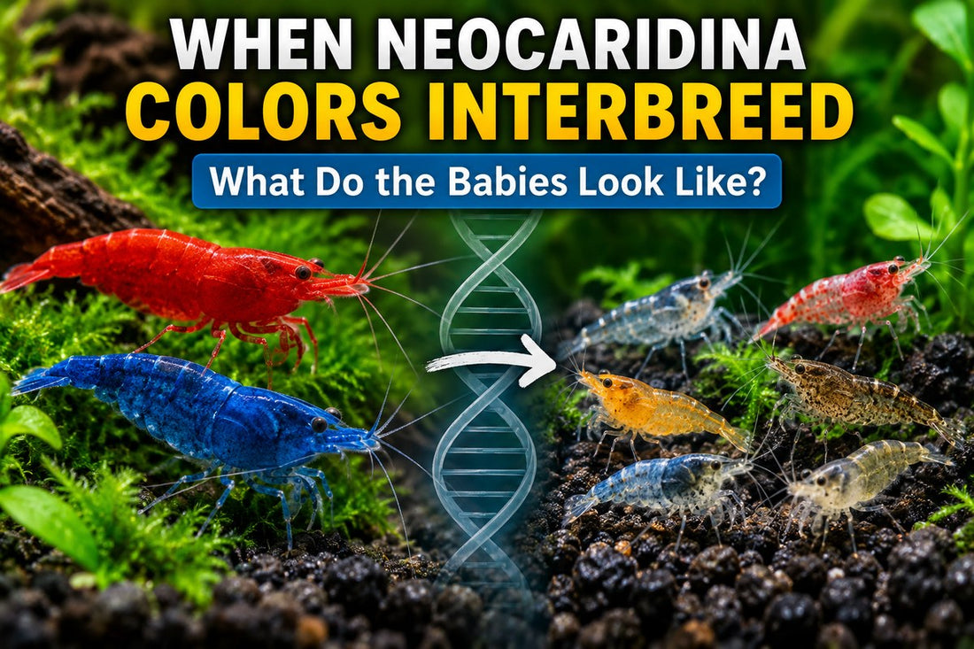 Red and blue Neocaridina shrimp with mixed-color offspring illustrating interbreeding genetics