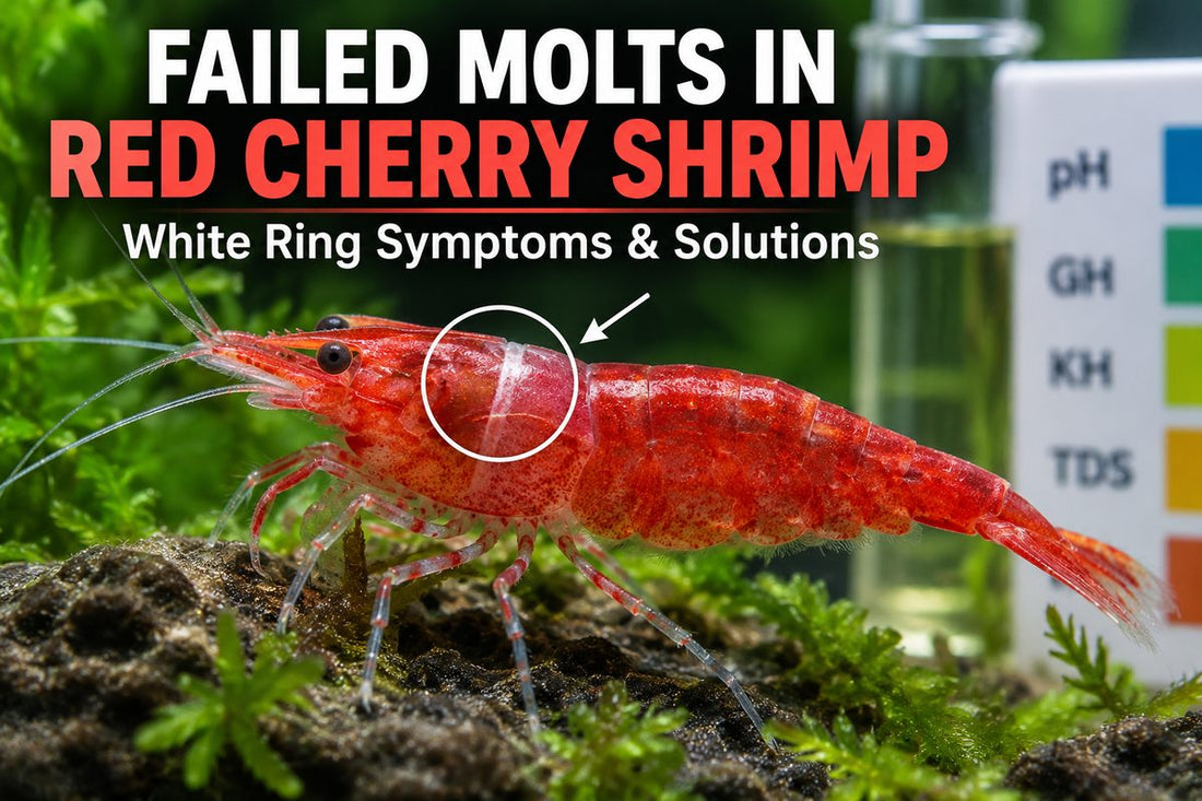Red Cherry Shrimp with white molt ring highlighting failed molt symptoms
