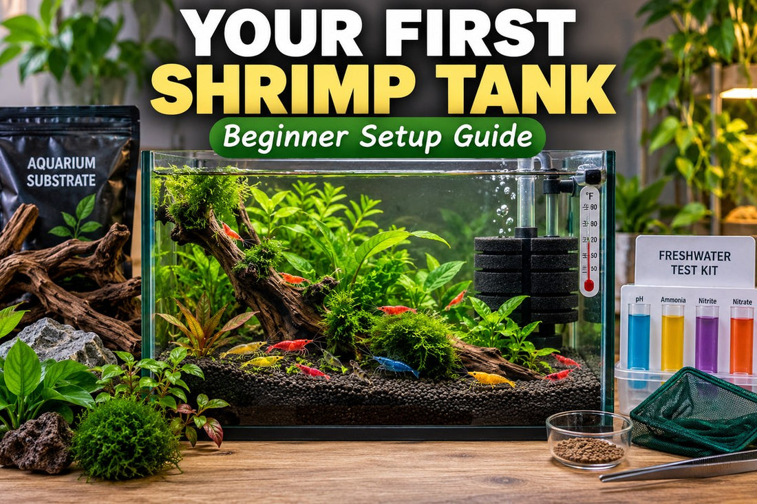 Beginner freshwater shrimp tank setup with plants driftwood sponge filter and colorful Neocaridina shrimp