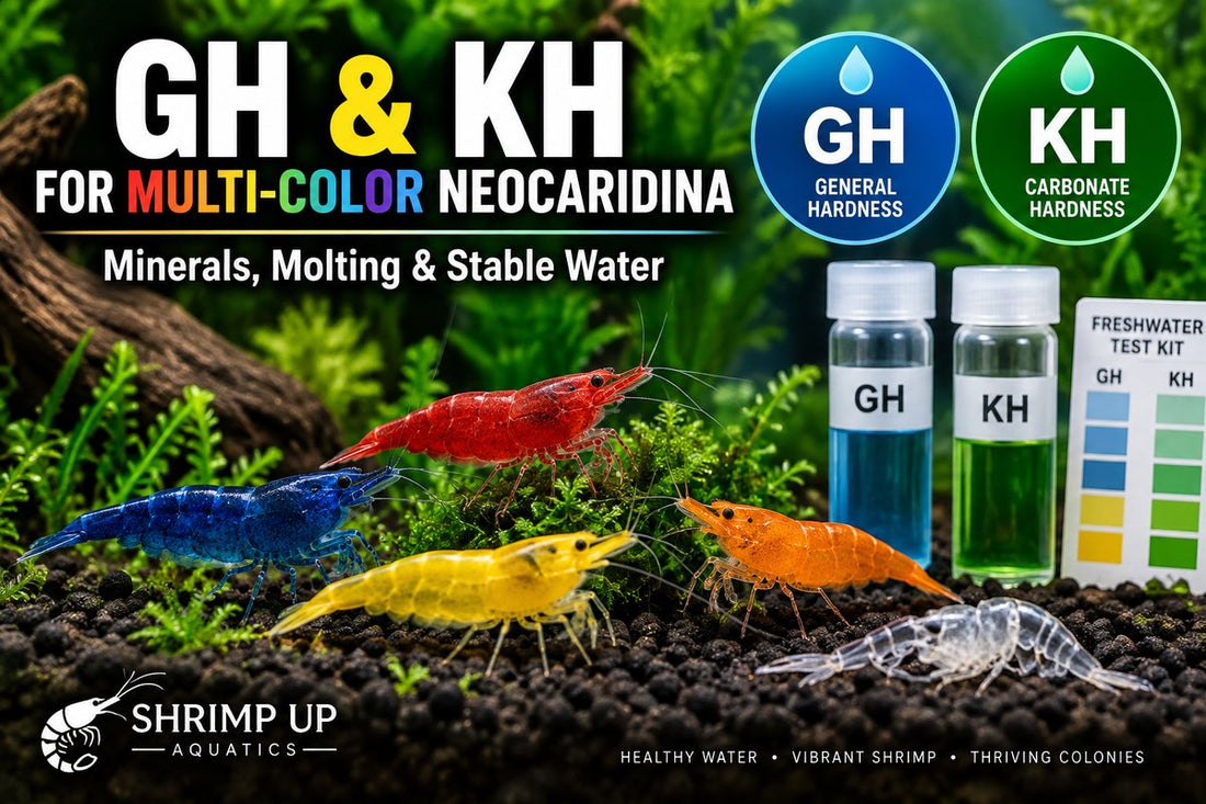 Multi-color Neocaridina shrimp with GH and KH hardness testing for stable molting water