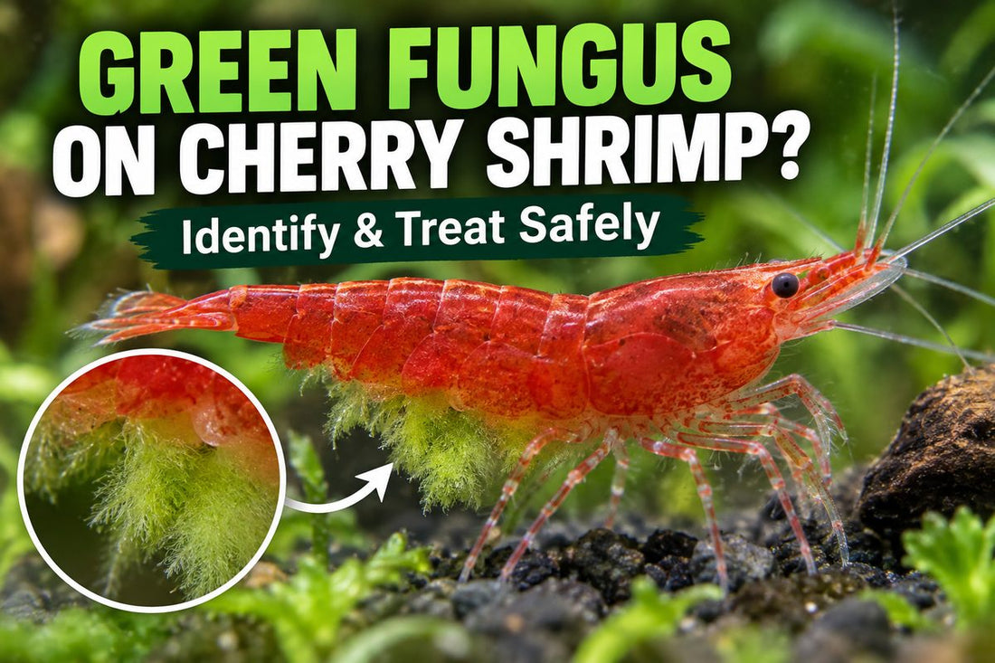 Red Cherry Shrimp with green Cladogonium-like growth beneath the abdomen
