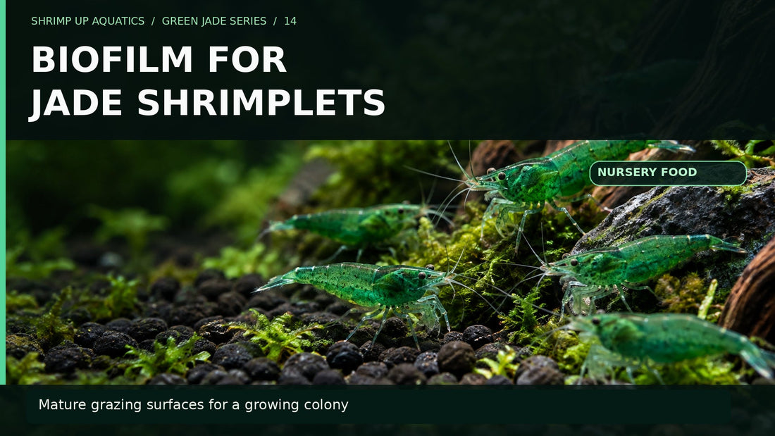 Green Jade shrimp on aquarium moss with a large title Biofilm for Jade Shrimplets