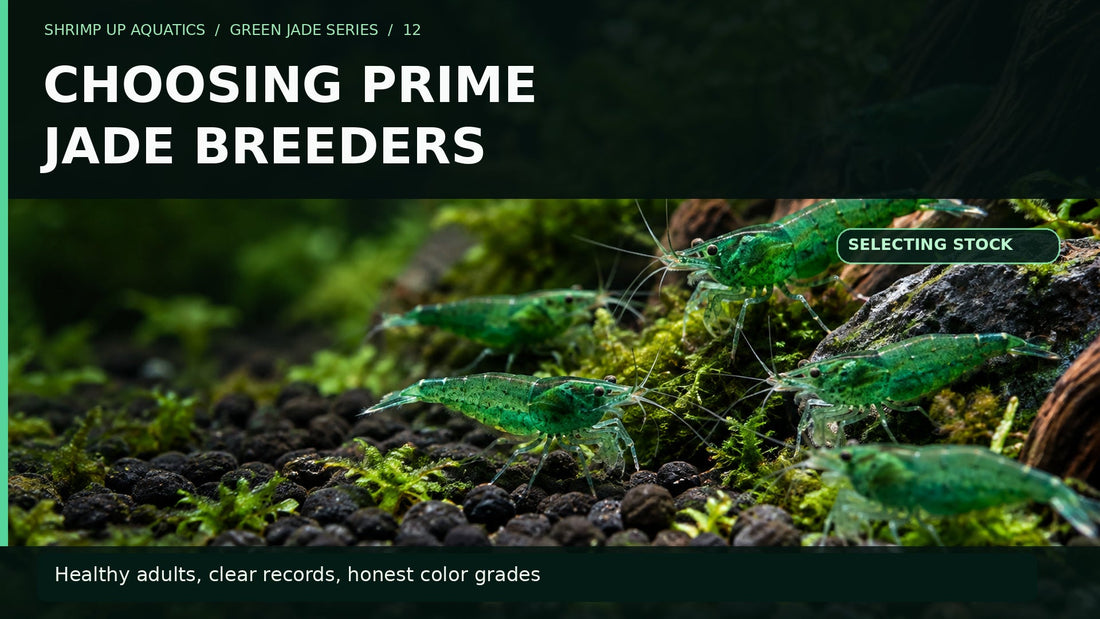 Green Jade shrimp with title Choosing Prime Jade Breeders, a selection guide for healthy mature Neocaridina