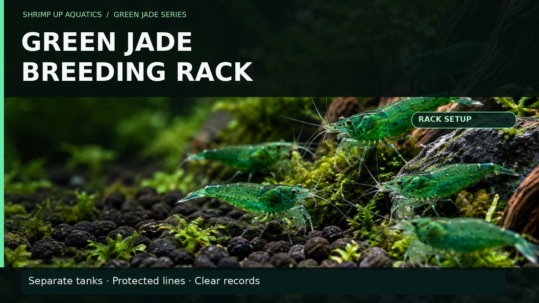 Green Jade shrimp on dark aquarium gravel with large title Green Jade Breeding Rack and rack setup guidance