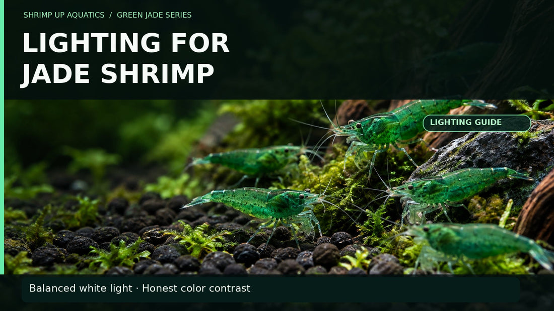 Green Jade Neocaridina shrimp on dark aquarium moss and gravel with the headline Green Jade Lighting and color contrast