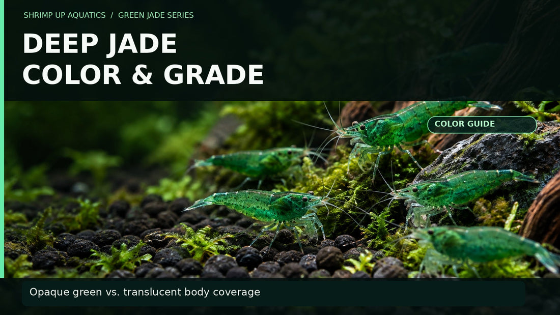 Green Jade Neocaridina shrimp on moss with a large headline on opaque jade-green color grade and transparency