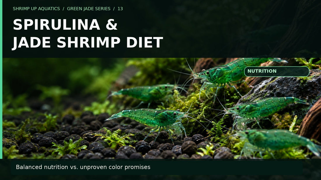 Green Jade shrimp grazing on aquarium moss with large title Spirulina and Jade Shrimp Diet