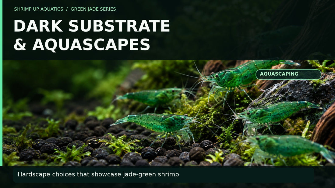 Green Jade shrimp on dark gravel and stone with large title about the best substrates and aquascapes