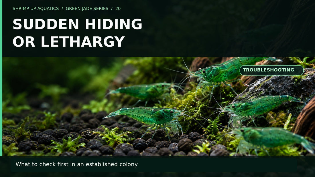Green Jade Neocaridina shrimp on dark substrate and moss with the title Sudden Hiding or Lethargy and troubleshooting advice
