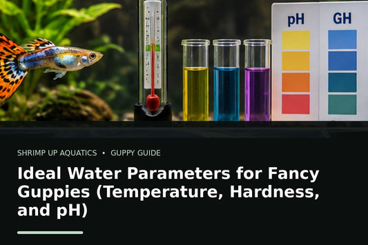Fancy guppy with water testing visuals for ideal guppy temperature hardness and pH