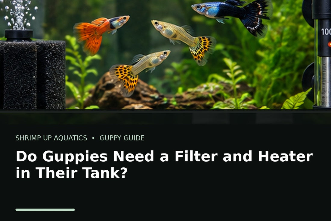 Fancy guppies beside aquarium filtration and heating equipment for guppy tank setup