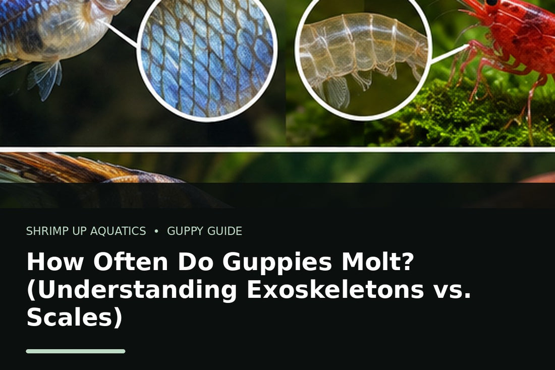 Fancy guppy beside crustacean exoskeleton imagery explaining why guppies do not molt