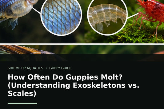 Fancy guppy beside crustacean exoskeleton imagery explaining why guppies do not molt