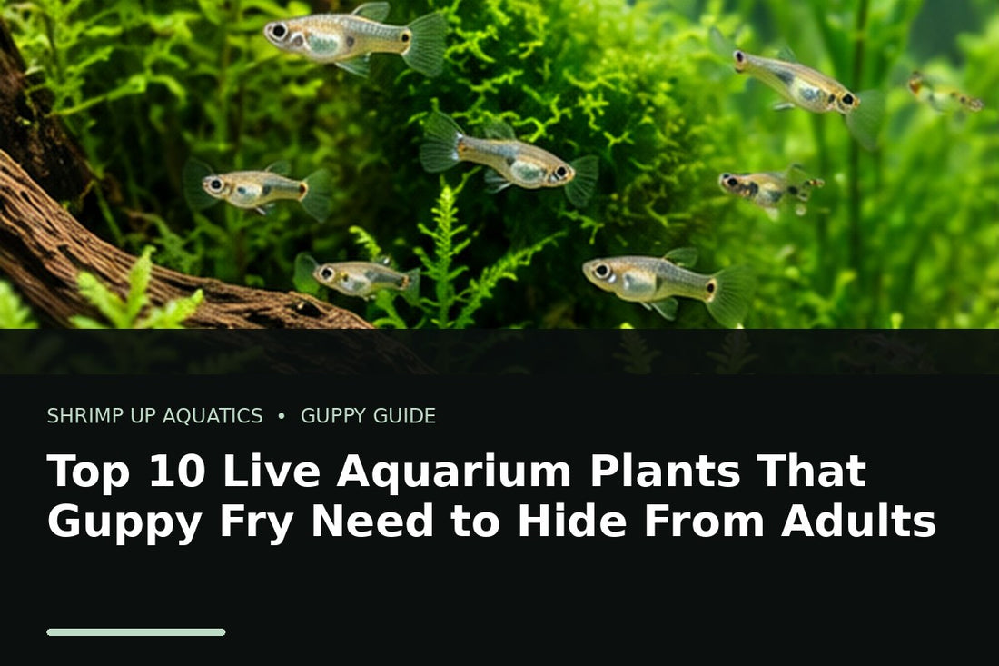Guppy fry hiding among dense live aquarium plants and moss for protection from adults