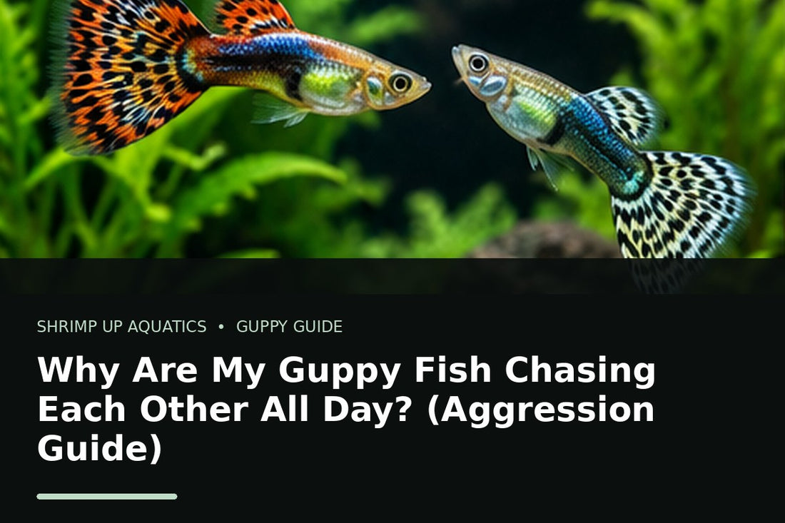 Two fancy guppies chasing each other in a planted aquarium for a guppy aggression guide