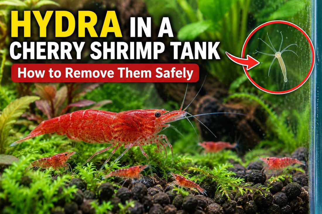 Hydra attached to aquarium glass near Red Cherry Shrimp and shrimplets