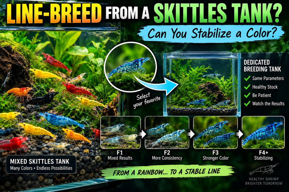 Mixed Skittles shrimp colony with selected blue shrimp line-bred across multiple generations