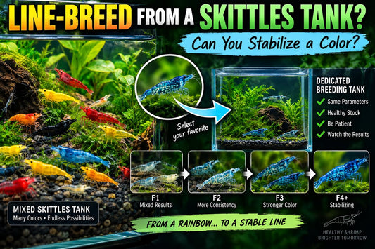 Mixed Skittles shrimp colony with selected blue shrimp line-bred across multiple generations