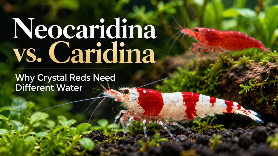 Crystal Red Caridina shrimp compared with red Neocaridina in a planted aquarium showing their different water requirements
