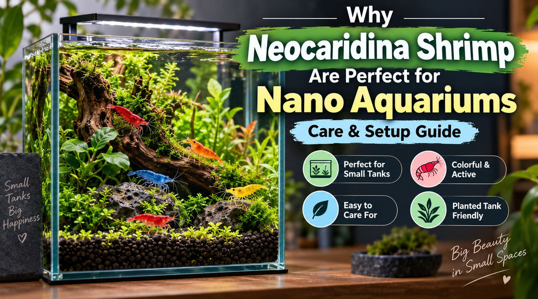 Neocaridina shrimp in a planted nano aquarium illustrating why colorful freshwater shrimp are ideal for small tanks and easy aquarium setups.