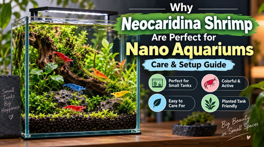Neocaridina shrimp in a planted nano aquarium illustrating why colorful freshwater shrimp are ideal for small tanks and easy aquarium setups.