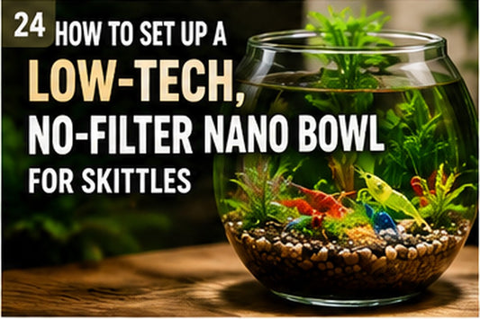 Low-tech no-filter nano bowl planted for colorful Skittles shrimp