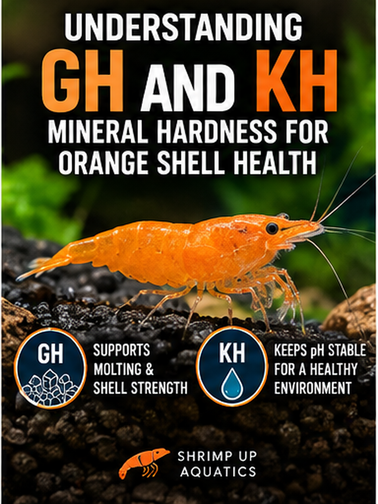Close-up orange Neocaridina shrimp illustrating GH and KH mineral hardness for healthy molting