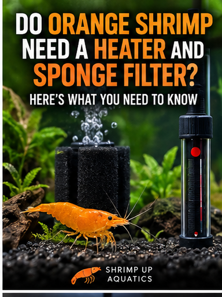 Orange shrimp beside an aquarium sponge filter and thermometer illustrating heater and filtration choices