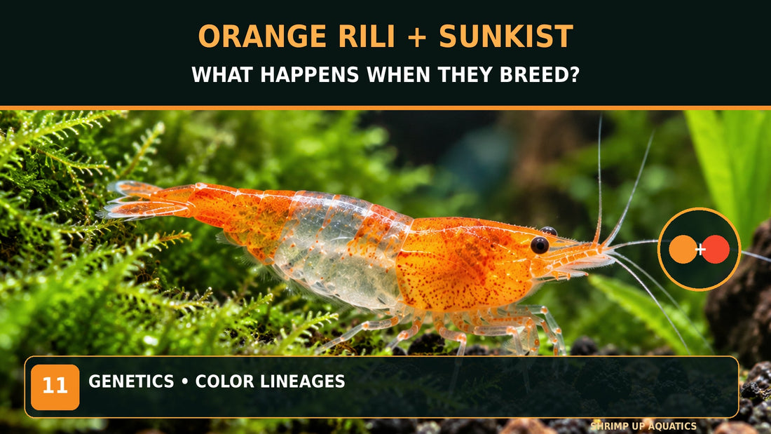 Orange Rili shrimp close-up with titled guide to mixing Rili and solid Orange Sunkist shrimp