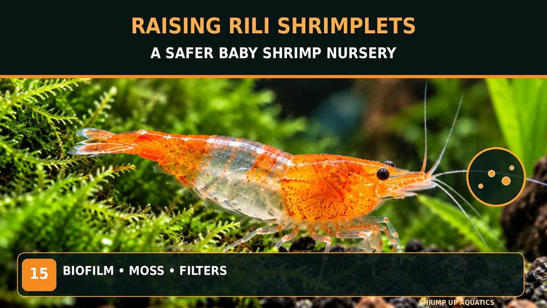 Orange Rili shrimp on moss with titled guide to raising baby shrimplets in a safe planted nursery