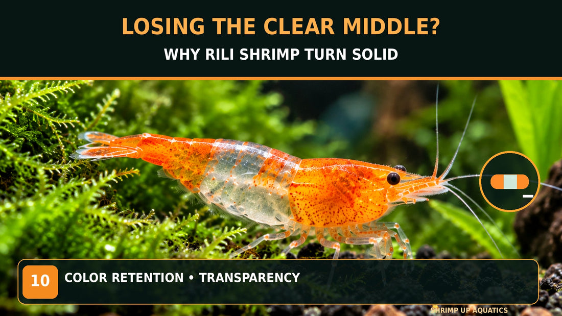 Orange Rili shrimp with titled guide about the clear midsection appearing more solid orange