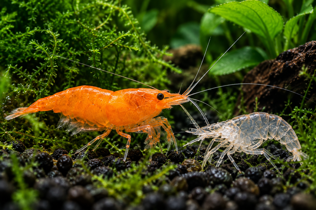 Orange Neocaridina shrimp beside a pale transparent shed exoskeleton on dark aquarium gravel