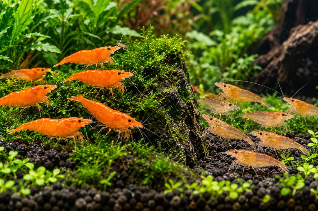 Rich orange and lighter orange Neocaridina shrimp in separate planted aquarium areas for selective breeding