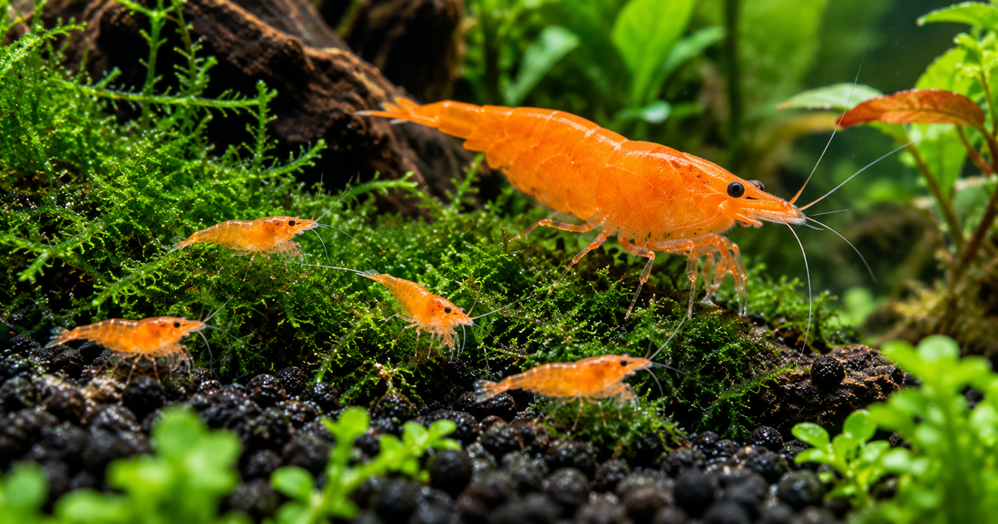 Orange Neocaridina adult and several tiny orange shrimplets grazing among lush moss