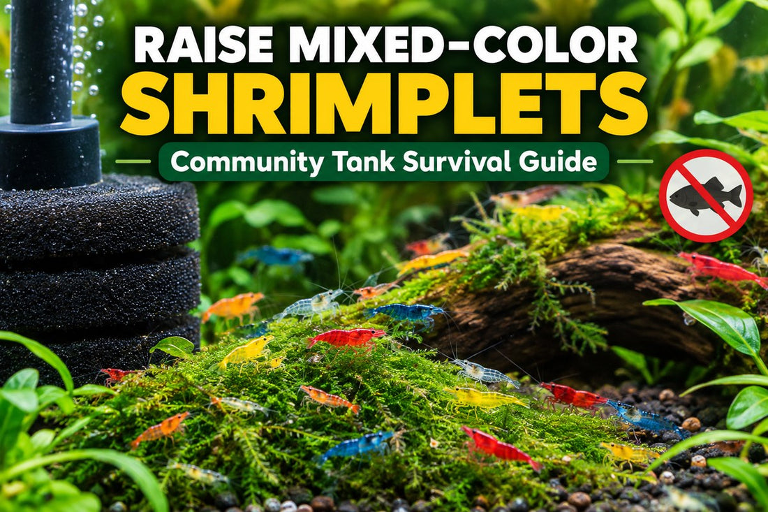 Mixed-color Neocaridina shrimplets grazing on moss in a planted community shrimp tank