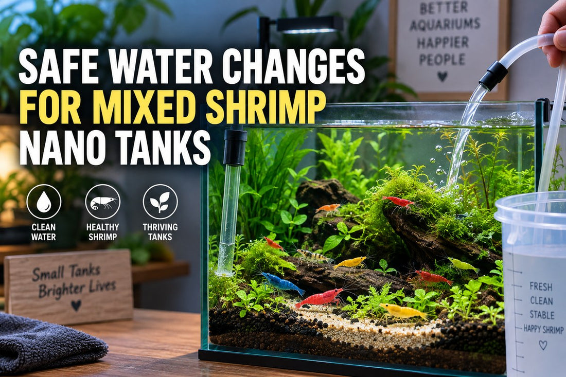 Mixed-color Neocaridina shrimp in a planted nano tank during a careful aquarium water change